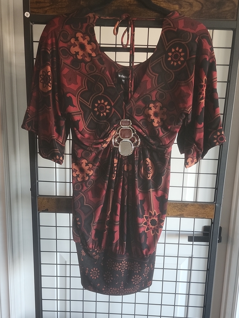 le chateau Burgundy & Black Patterned V-Neck Tunic with Decorative Ring